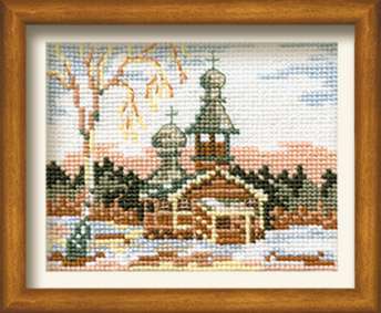 Схема вышивания крестом - Зимний пейзаж с церковью